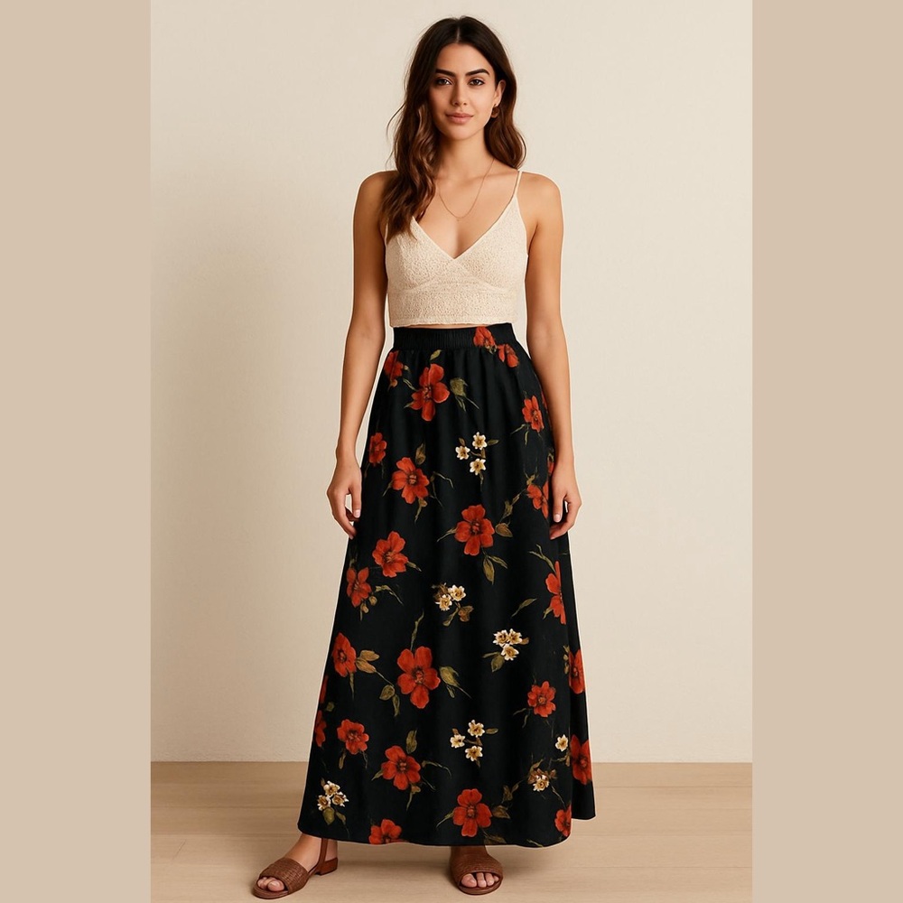 Vintage Womens Black Floral Maxi Skirt Size XL Boho Cottagecore Prairie Feminine
